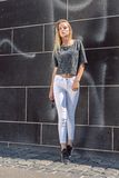 Ladies´ Acid Washed Cropped Tee - Grey Black