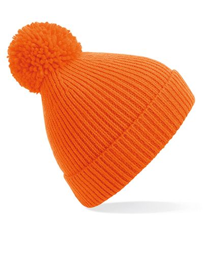 Engineered Knit Ribbed Pom Pom Beanie - Orange