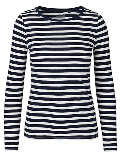 Ladies´ Long Sleeve T-Shirt - White - Navy (Striped)